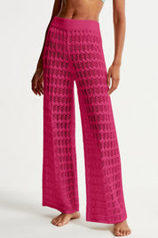 Fisoew Women‘s Rose Red Crochet Sheer Mesh Cover Up Pants - Fisoew