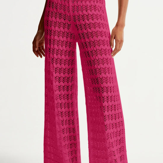Fisoew Women‘s Rose Red Crochet Sheer Mesh Cover Up Pants - Fisoew