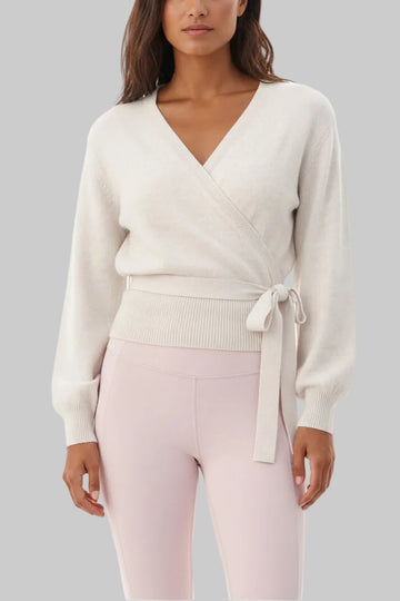 V Neck Tie Belted Crop Knit Sweaters - Fisoew