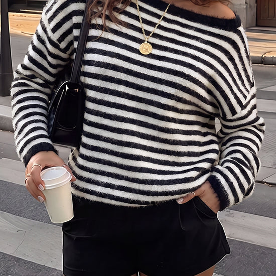 Off Shoulder Striped Knit Pullover - Fisoew