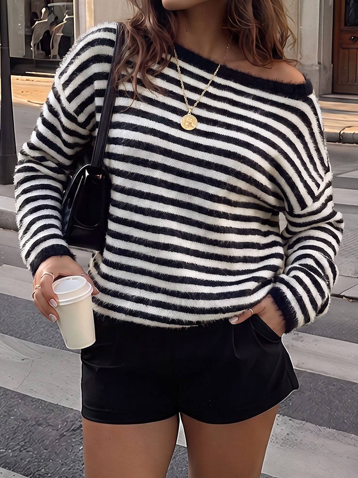 Off Shoulder Striped Knit Pullover - Fisoew