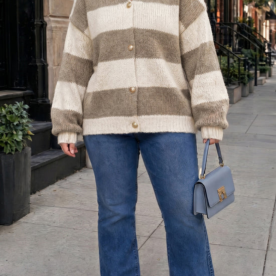 Striped Open Front Button Up Cardigans - Fisoew