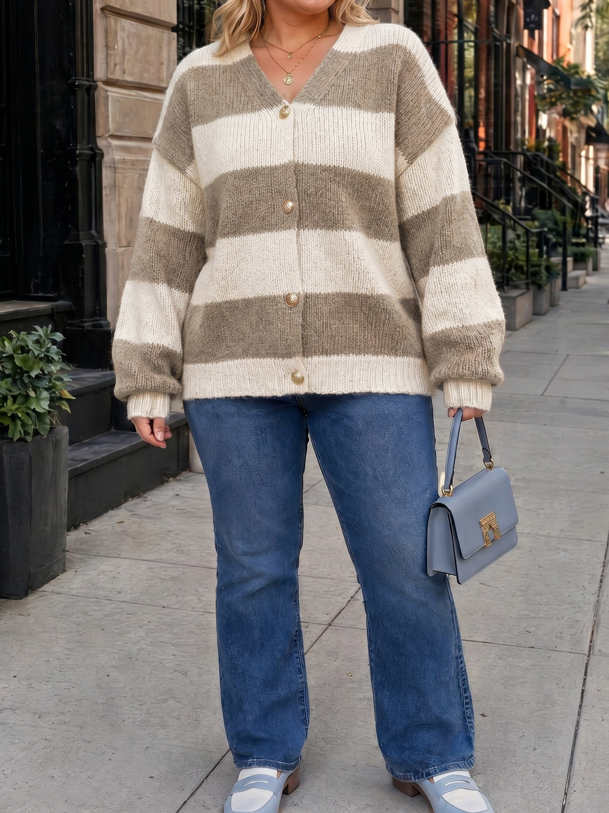 Striped Open Front Button Up Cardigans - Fisoew