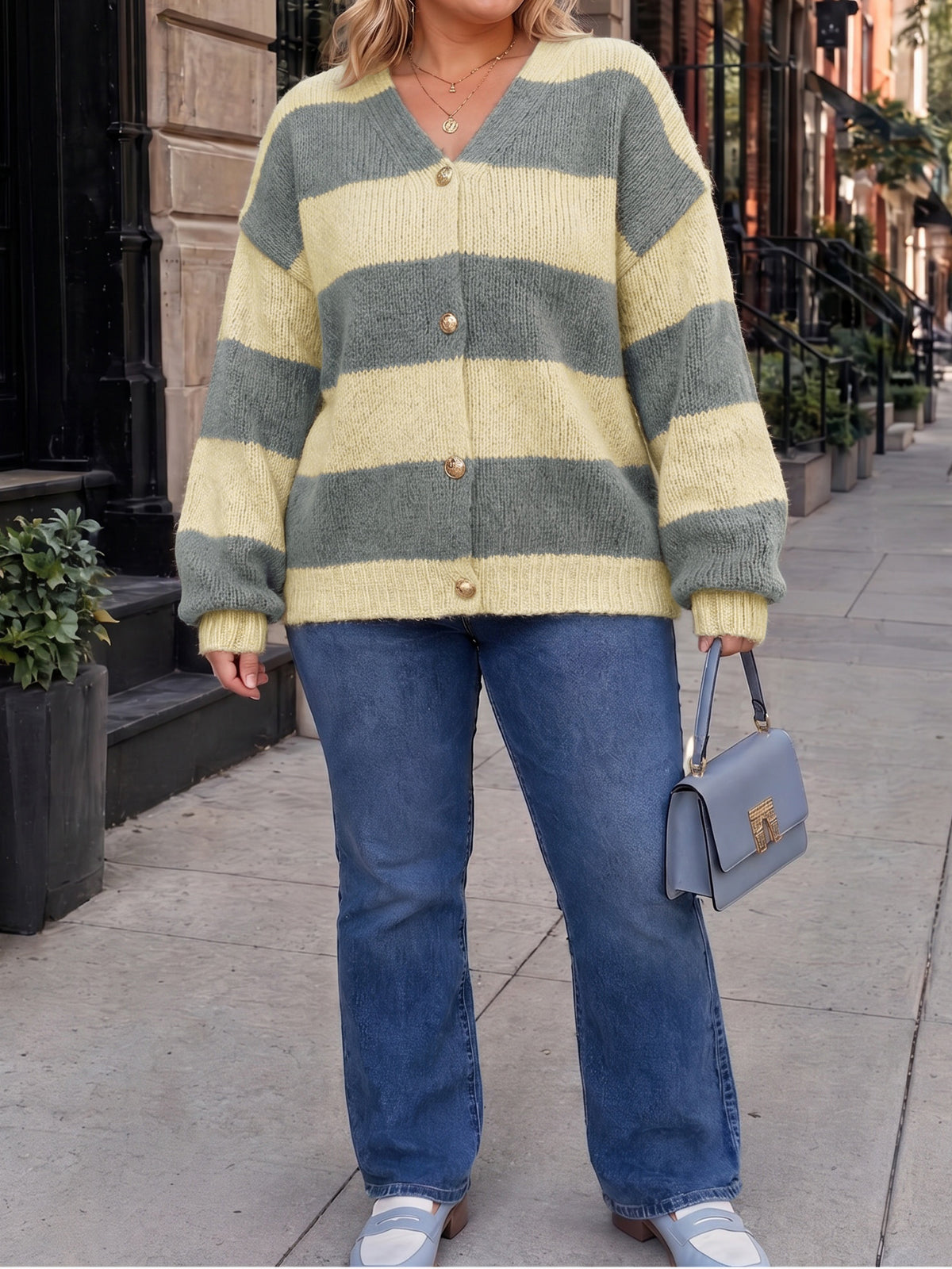Striped Open Front Button Up Cardigans - Fisoew
