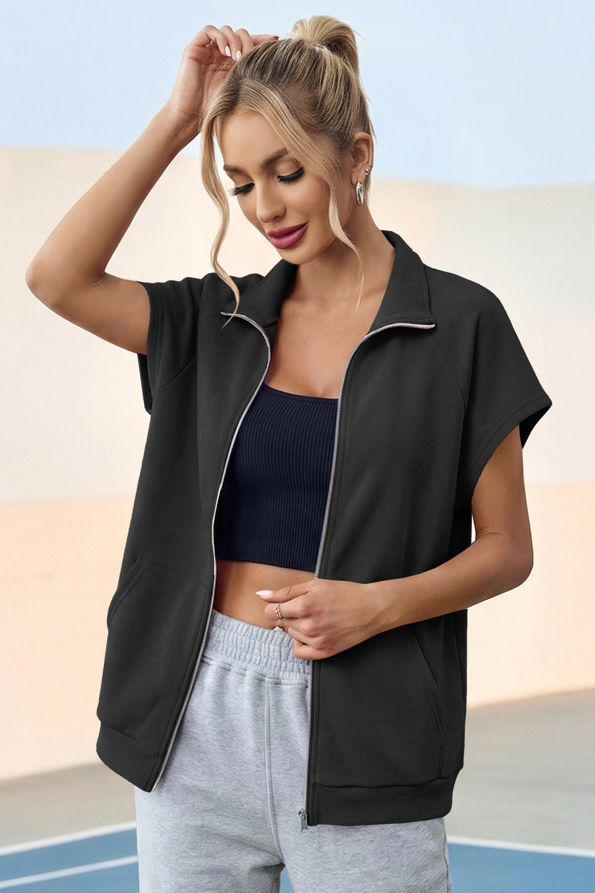 Fisoew Women's Black Zip Up Sleeveless Sweatshirts - Fisoew