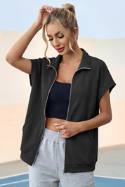Fisoew Women's Black Zip Up Sleeveless Sweatshirts - Fisoew