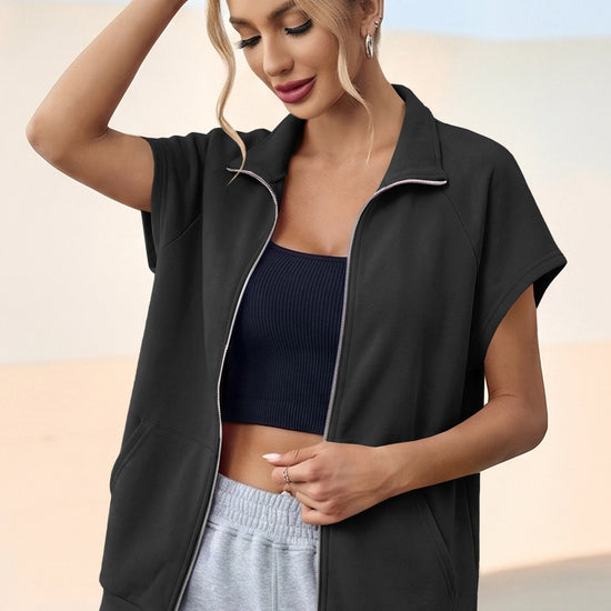 Fisoew Women's Black Zip Up Sleeveless Sweatshirts - Fisoew