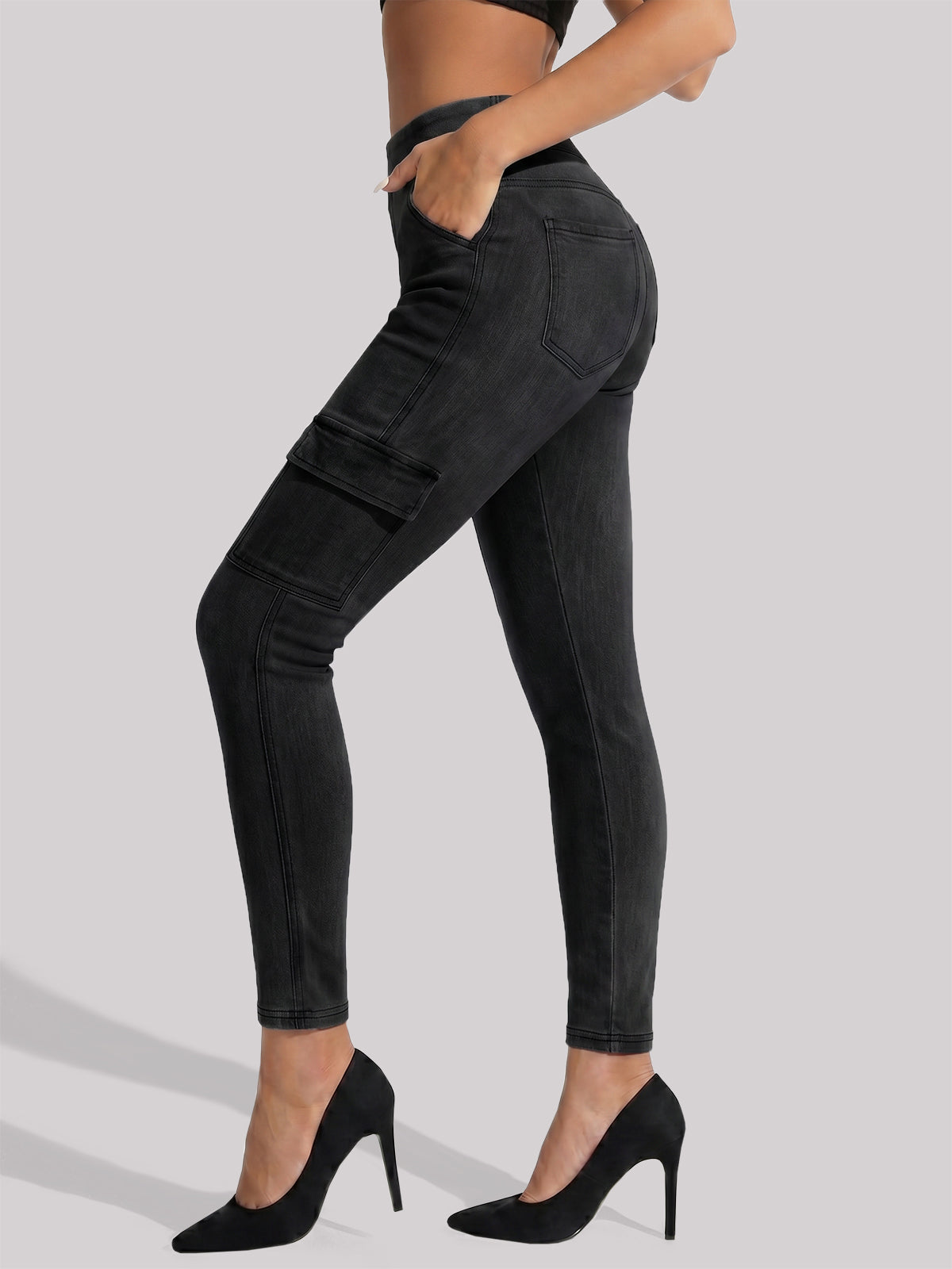 High Waisted Skinny Cargo Jeans - Fisoew