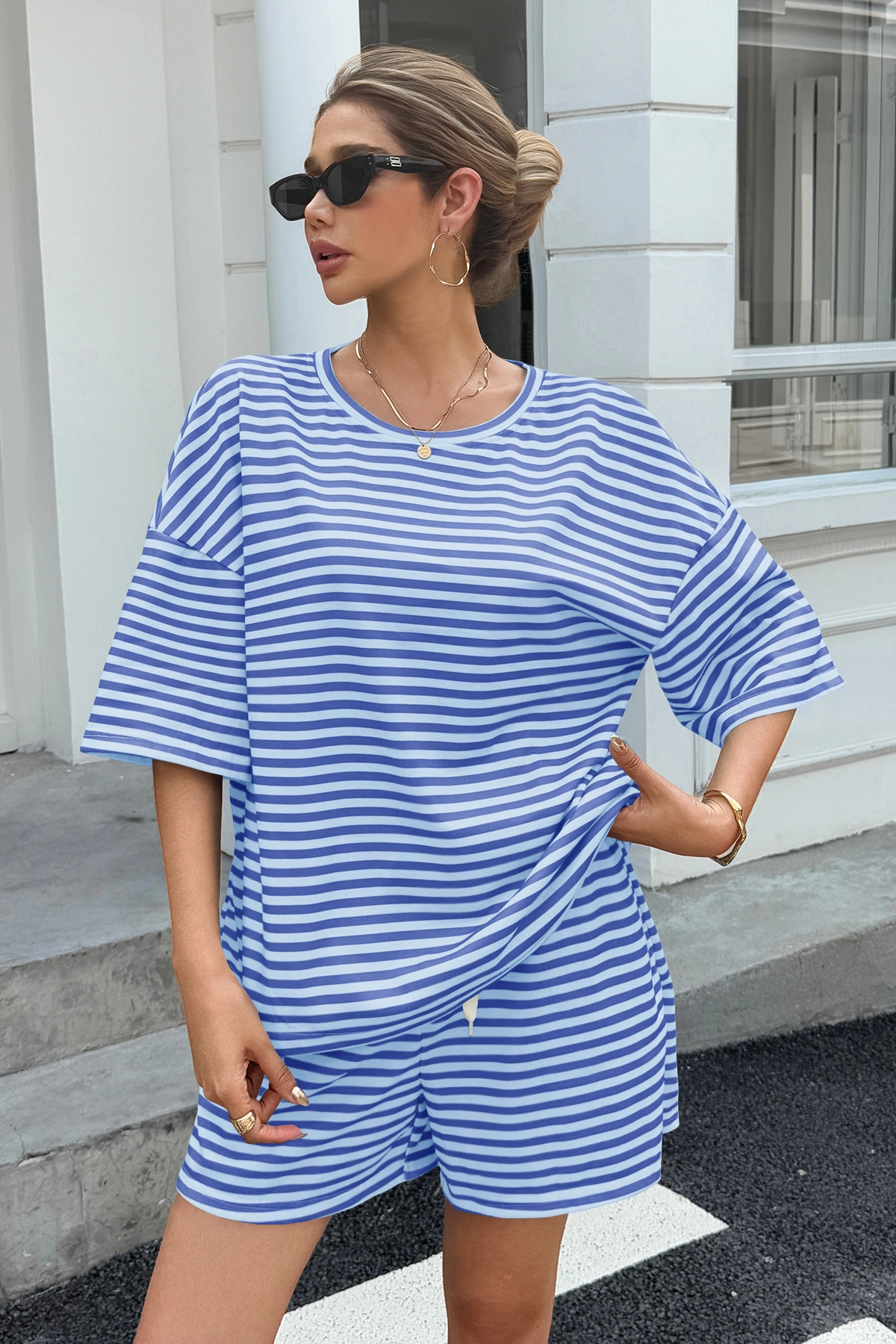 Womens Blue Striped Short Sets 2 Piece Fisoew