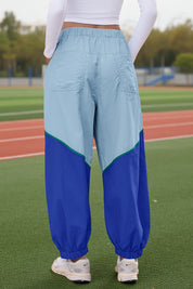 Womens Blue Elastic Waist Color Block Pants Fisoew - Fisoew