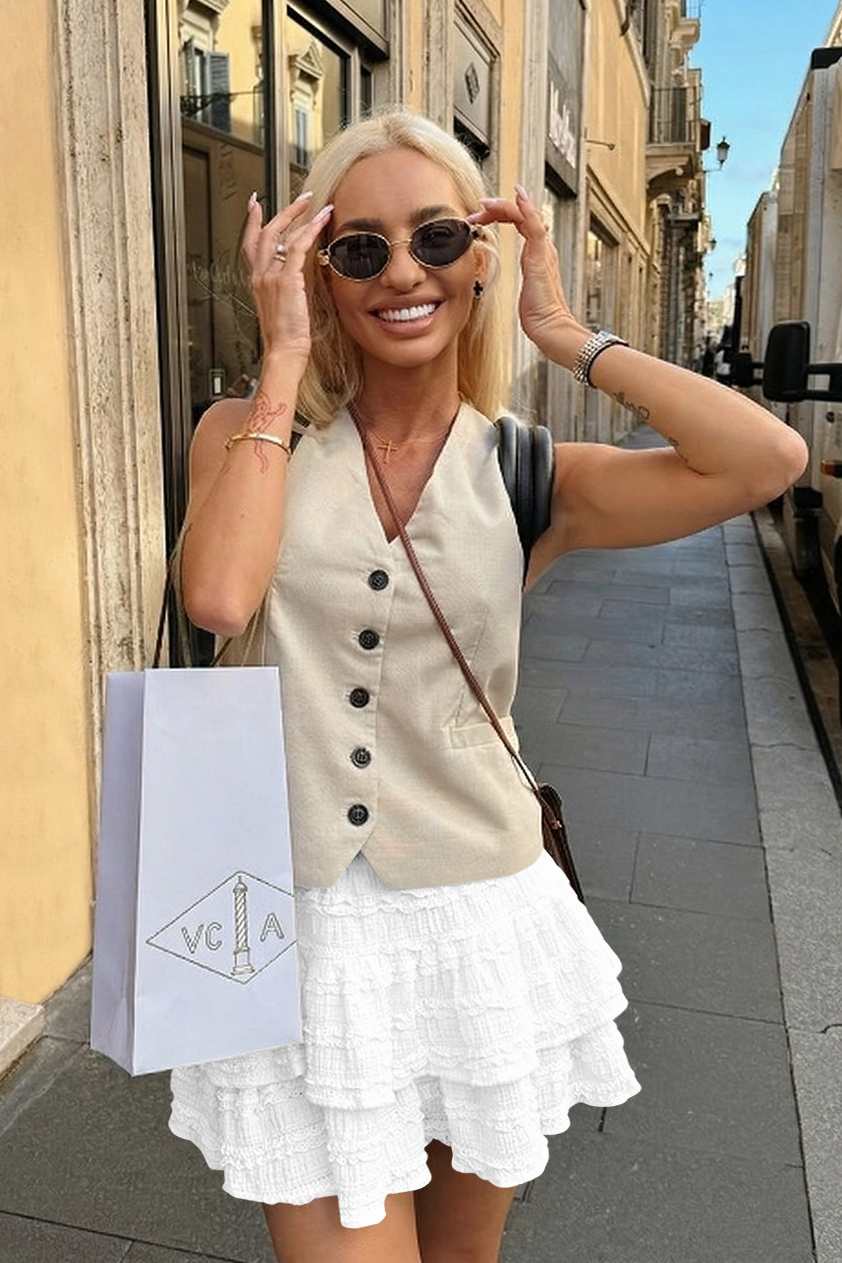 Fisoew Women's White Ruffle Boho Mini Skirt