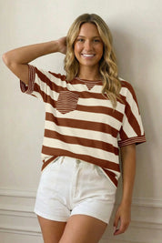 Fisoew Women's Coffee 2026 Summer Color Block Striped T-Shirts - Fisoew