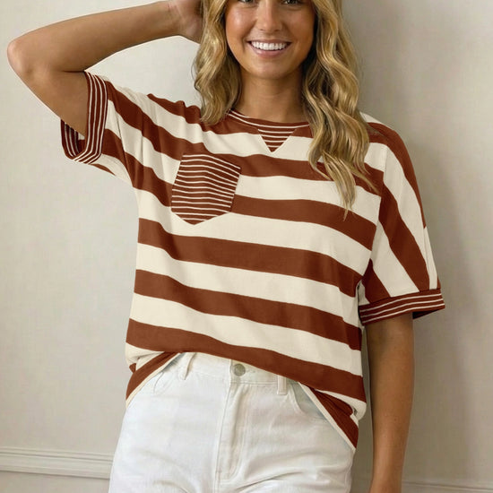 Fisoew Women's Coffee 2026 Summer Color Block Striped T-Shirts - Fisoew