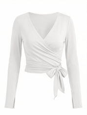 Fisoew Women‘s White Wrap Tie Tops Long Sleeve Workout Shirts - Fisoew