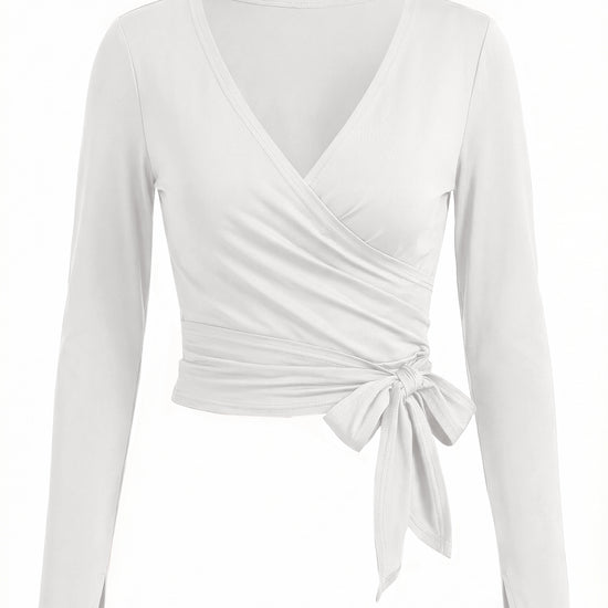 Fisoew Women‘s White Wrap Tie Tops Long Sleeve Workout Shirts - Fisoew