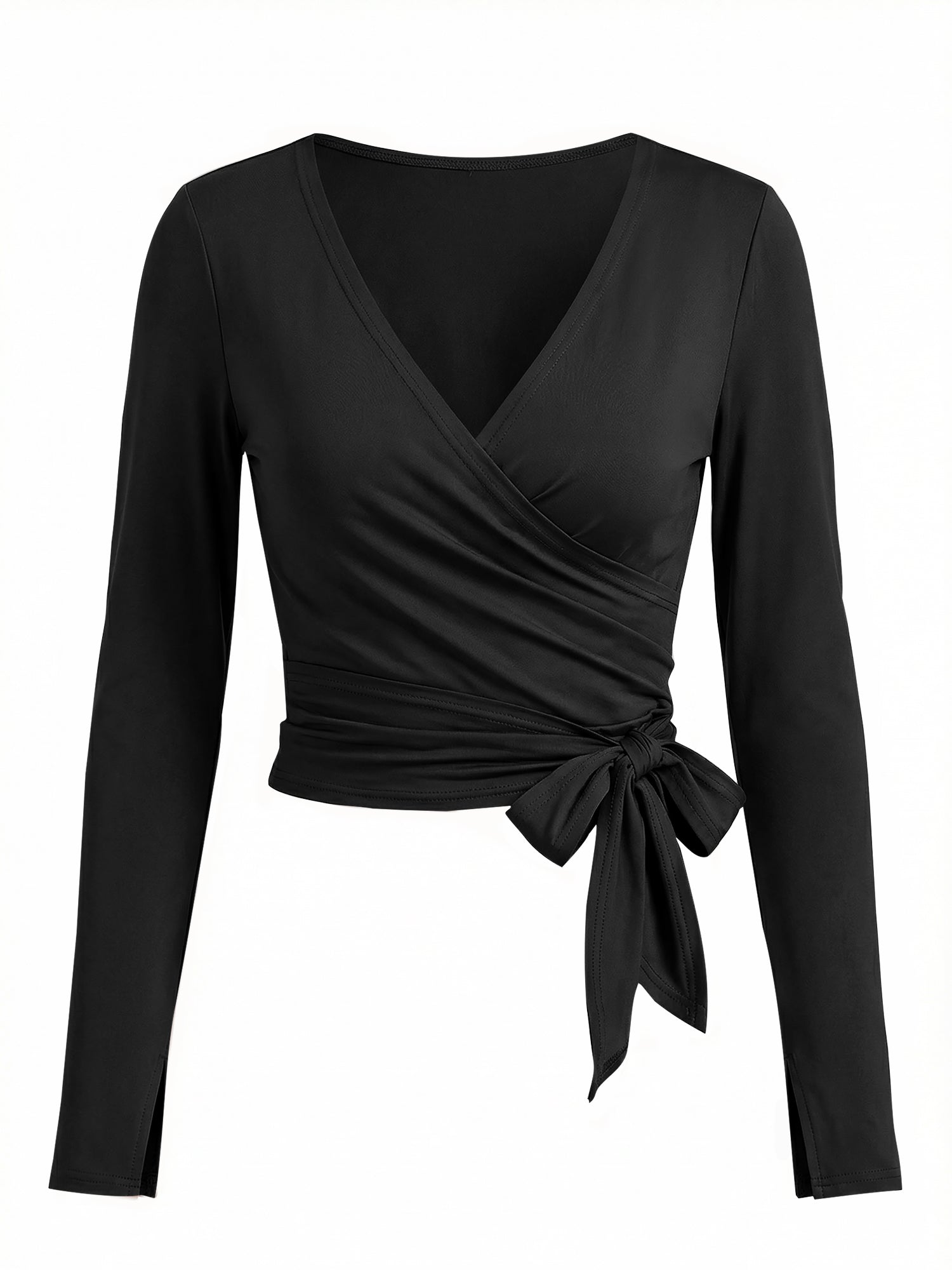 Fisoew Women‘s Black Wrap Tie Tops Long Sleeve Workout Shirts - Fisoew