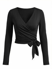 Fisoew Women‘s Black Wrap Tie Tops Long Sleeve Workout Shirts - Fisoew
