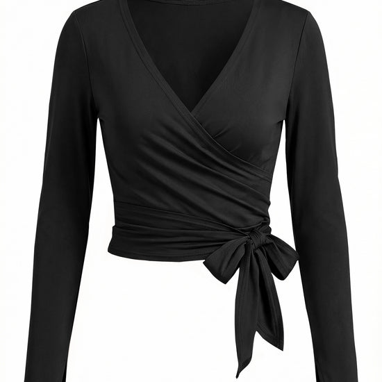 Fisoew Women‘s Black Wrap Tie Tops Long Sleeve Workout Shirts - Fisoew