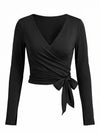 Fisoew Women‘s Black Wrap Tie Tops Long Sleeve Workout Shirts - Fisoew
