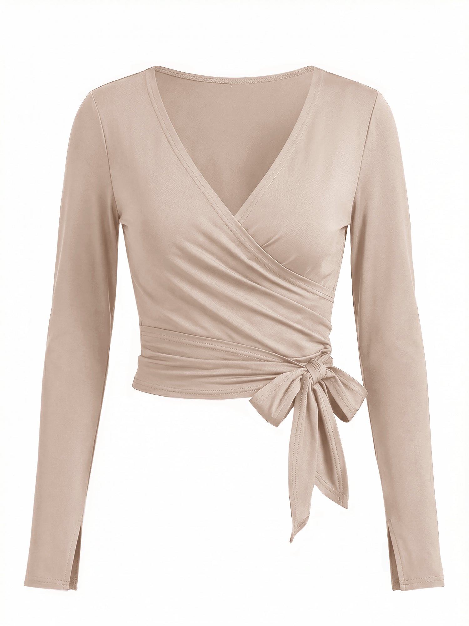 Fisoew Women‘s Light Khaki Wrap Tie Tops Long Sleeve Workout Shirts - Fisoew
