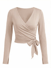 Fisoew Women‘s Light Khaki Wrap Tie Tops Long Sleeve Workout Shirts - Fisoew