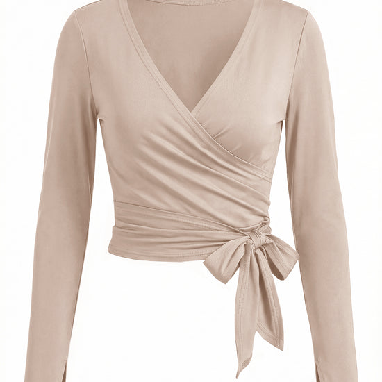 Fisoew Women‘s Light Khaki Wrap Tie Tops Long Sleeve Workout Shirts - Fisoew