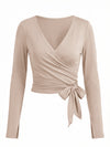 Fisoew Women‘s Light Khaki Wrap Tie Tops Long Sleeve Workout Shirts - Fisoew