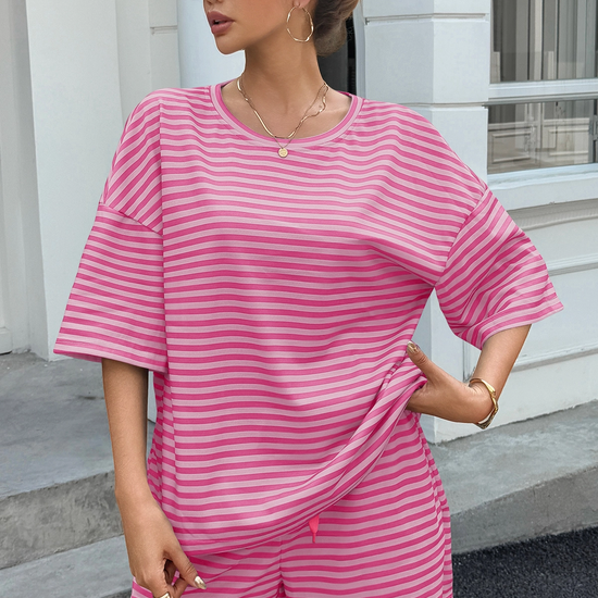 Womens Pink Striped Short Sets 2 Piece Fisoew - Fisoew
