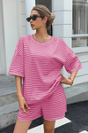 Womens Pink Striped Short Sets 2 Piece Fisoew - Fisoew