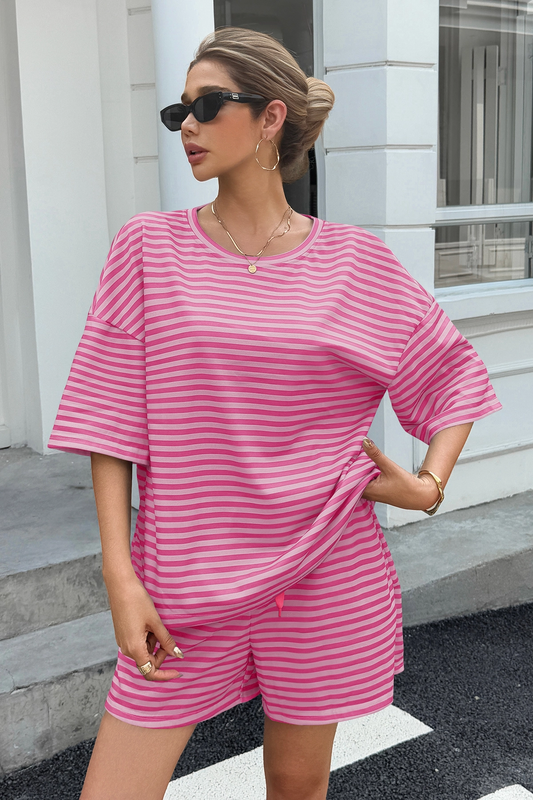 Womens Pink Striped Short Sets 2 Piece Fisoew - Fisoew