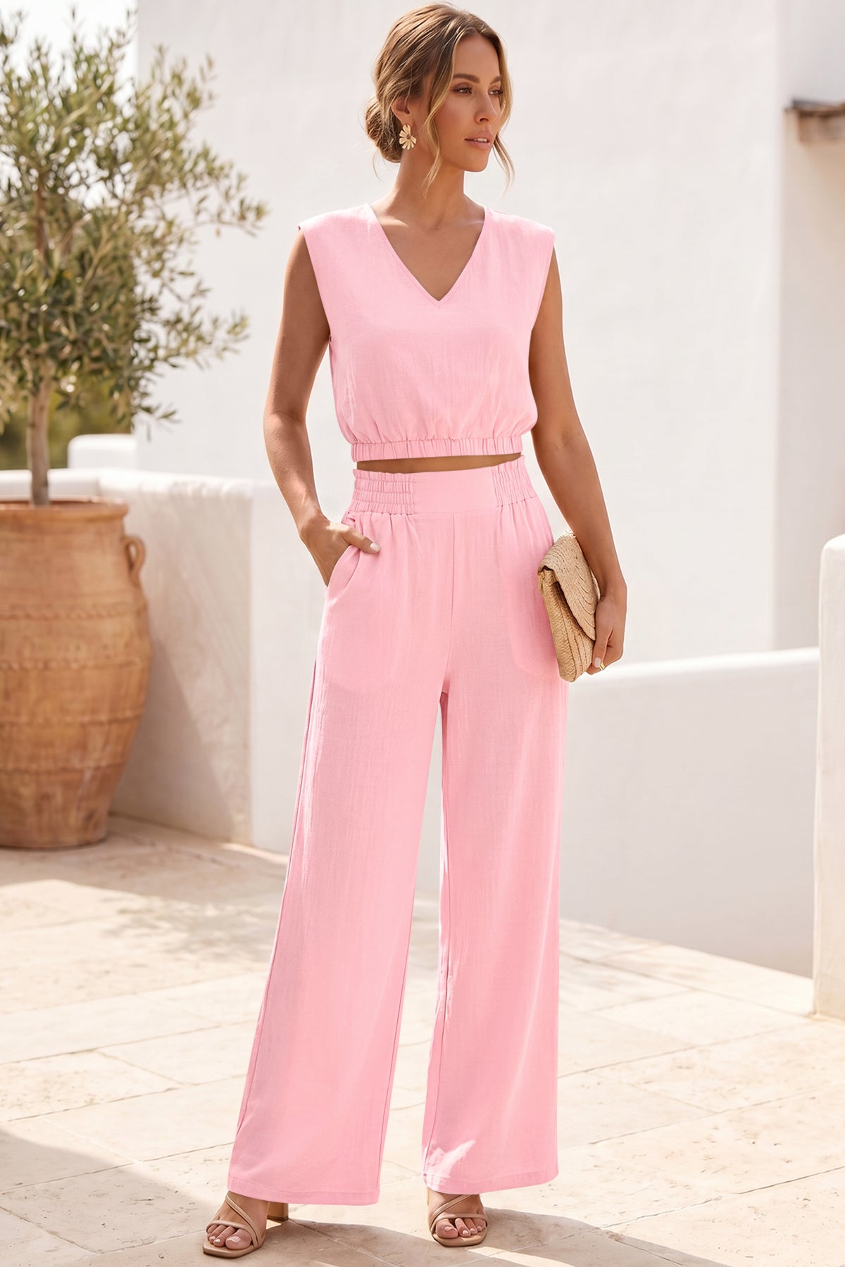 Fisoew Women's Pink Linen Lounge 2 Piece Outfits - Fisoew