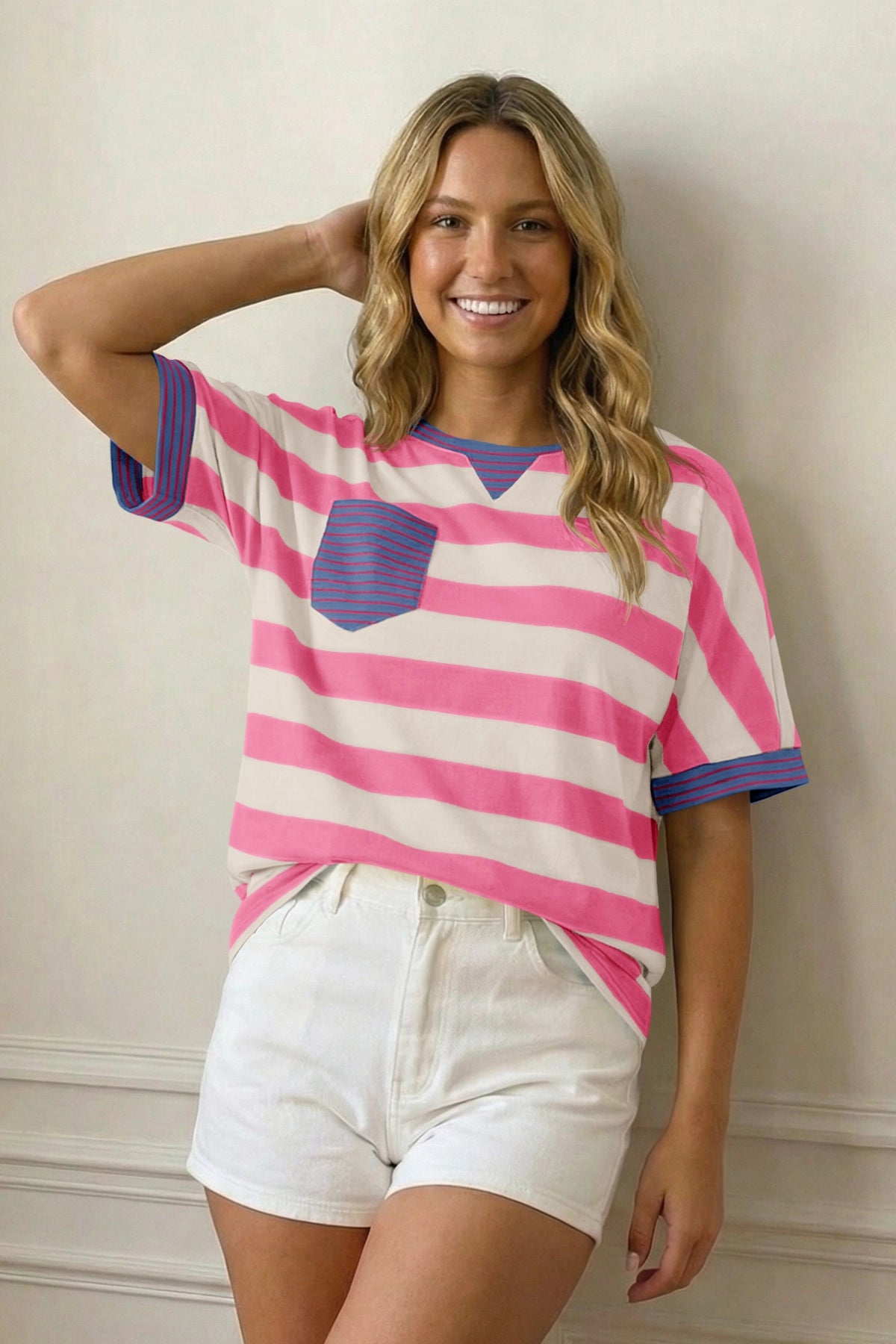 Fisoew Women's Pink 2026 Summer Color Block Striped T-Shirts - Fisoew