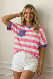 Fisoew Women's Pink 2026 Summer Color Block Striped T-Shirts - Fisoew