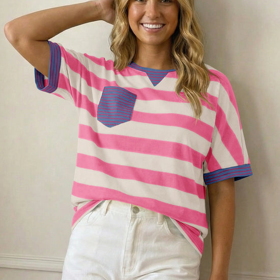 Fisoew Women's Pink 2026 Summer Color Block Striped T-Shirts - Fisoew