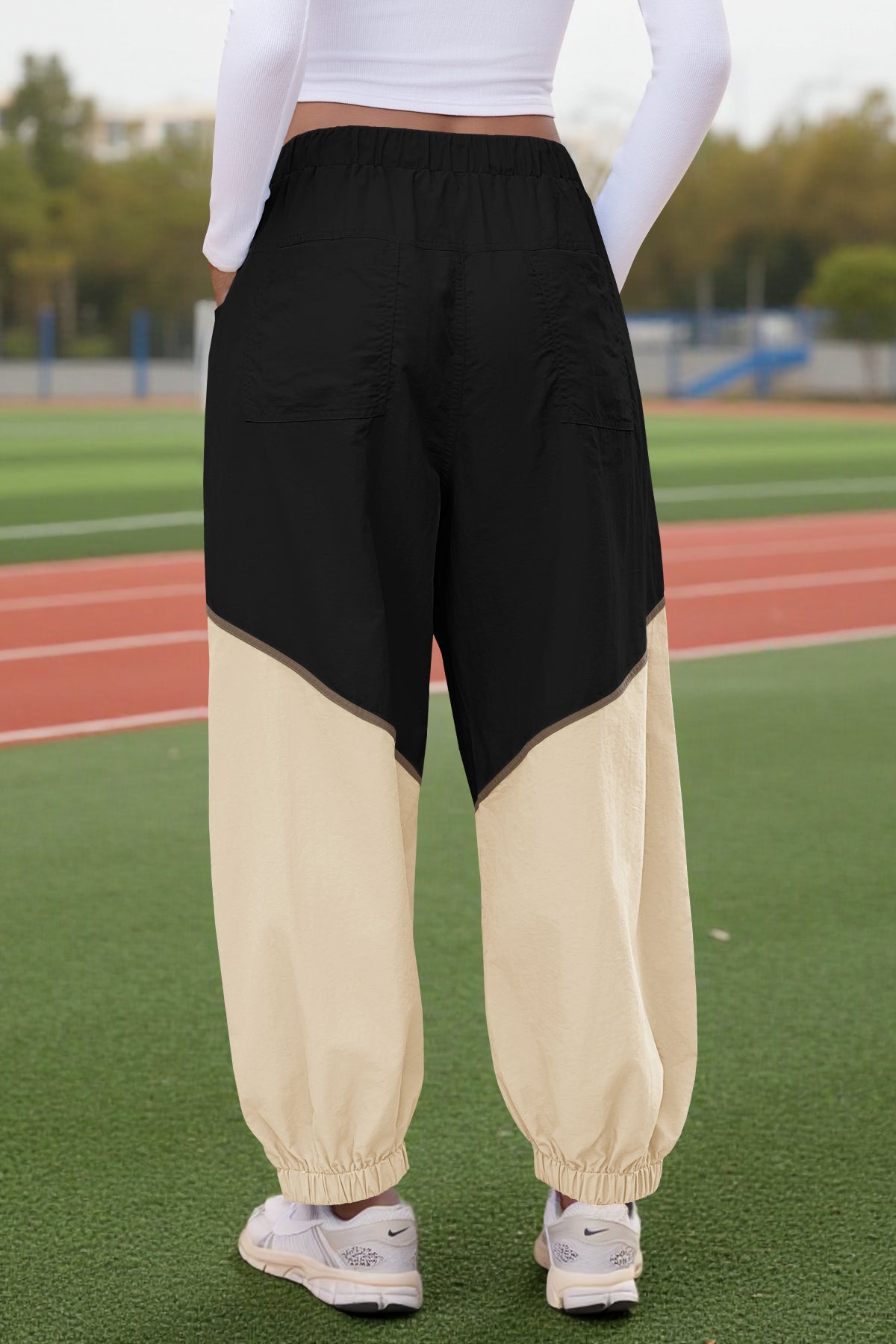 Womens Black Elastic Waist Color Block Pants Fisoew - Fisoew