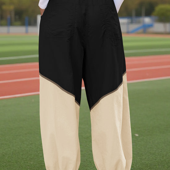Womens Black Elastic Waist Color Block Pants Fisoew - Fisoew