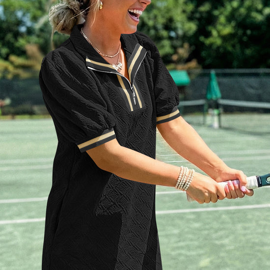 Fisoew Women‘s Black Summer Puff Short Sleeve Mini Dress - Fisoew