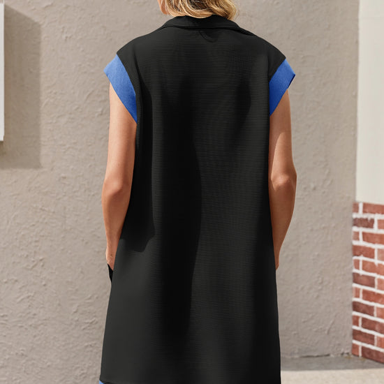 Womens Black Half-Zip Contrast Casual Mini Dress Fisoew - Fisoew