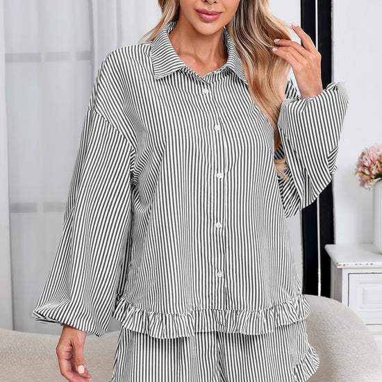 Womens Black Stripe 2Pcs Ruffle Shorts Pajama Set  Fisoew - Fisoew
