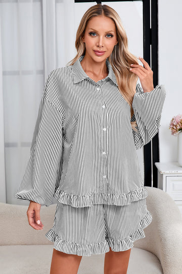 Womens Black Stripe 2Pcs Ruffle Shorts Pajama Set  Fisoew - Fisoew