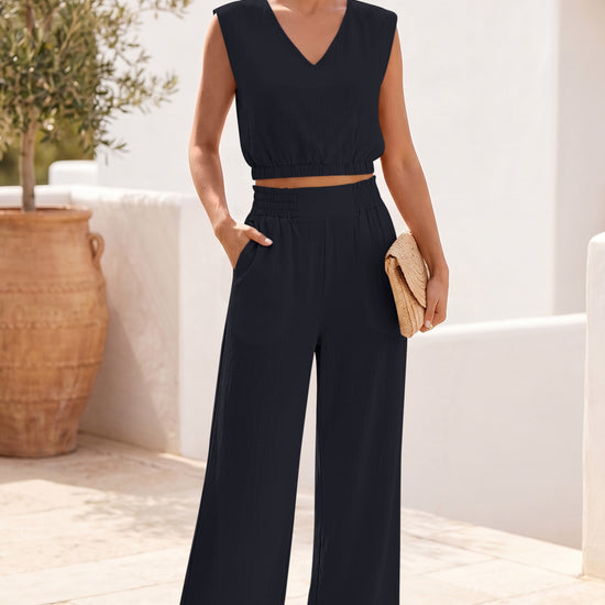 Fisoew Women's Black Linen Lounge 2 Piece Outfits - Fisoew