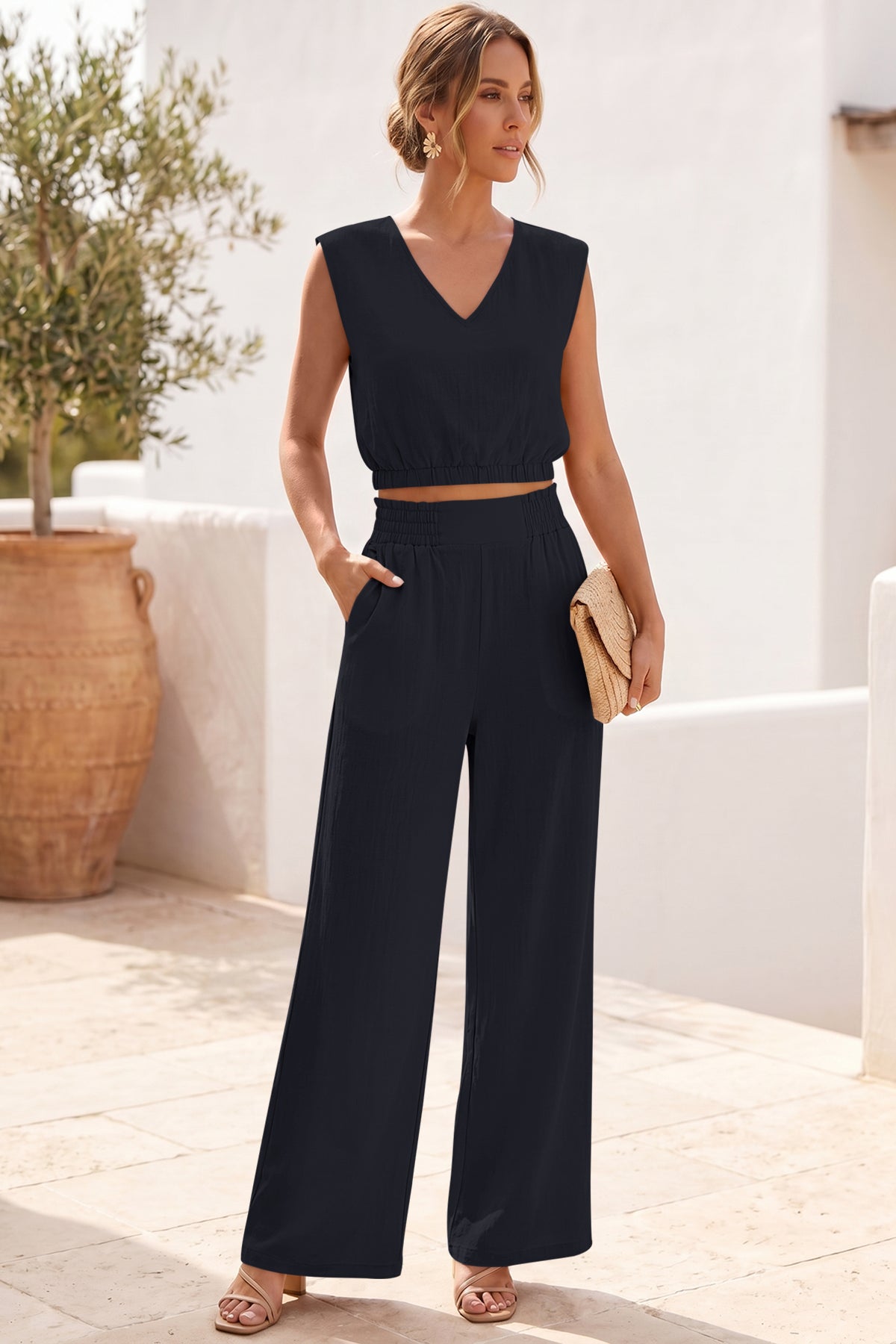 Fisoew Women's Black Linen Lounge 2 Piece Outfits - Fisoew