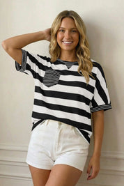 Fisoew Women's Black&white 2026 Summer Color Block Striped T-Shirts - Fisoew