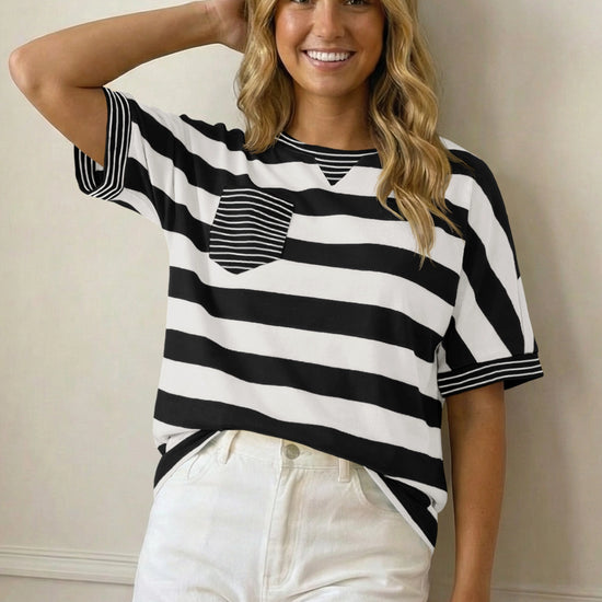 Fisoew Women's Black&white 2026 Summer Color Block Striped T-Shirts - Fisoew