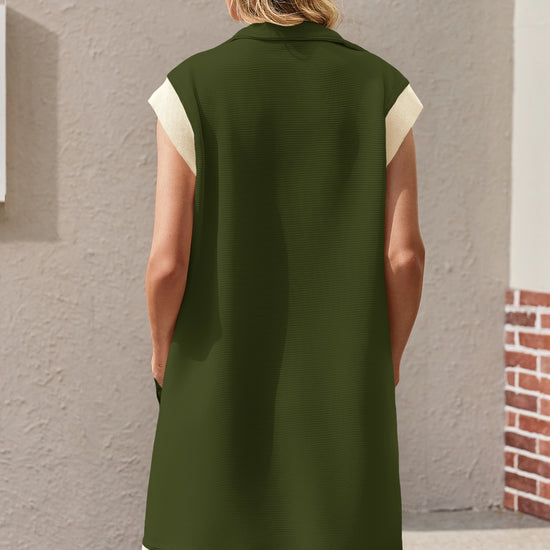 Womens Army Green Half-Zip Contrast Casual Mini Dress Fisoew - Fisoew