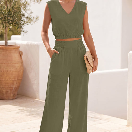 Fisoew Women's Army Green Linen Lounge 2 Piece Outfits - Fisoew