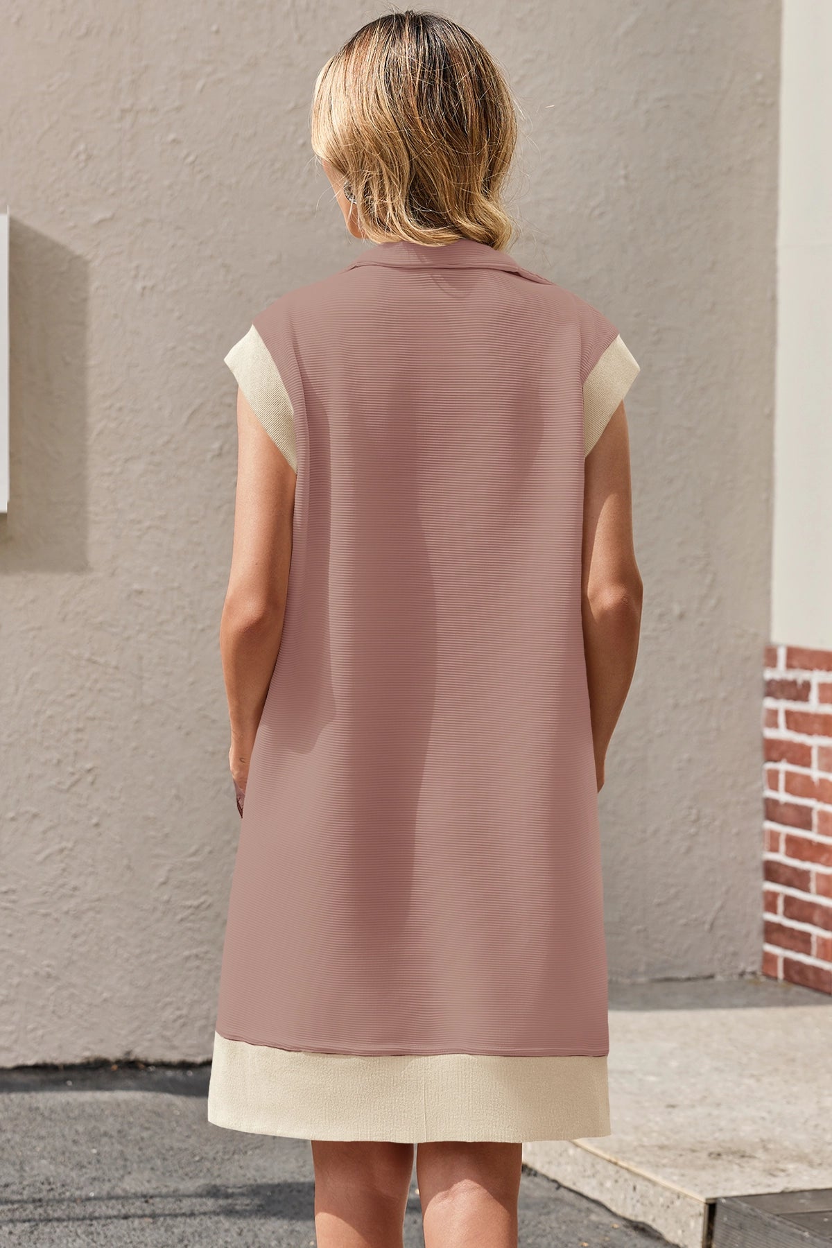 Womens Nude pink Half-Zip Contrast Casual Mini Dress Fisoew - Fisoew