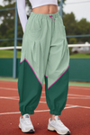 Womens Green Elastic Waist Color Block Pants Fisoew - Fisoew