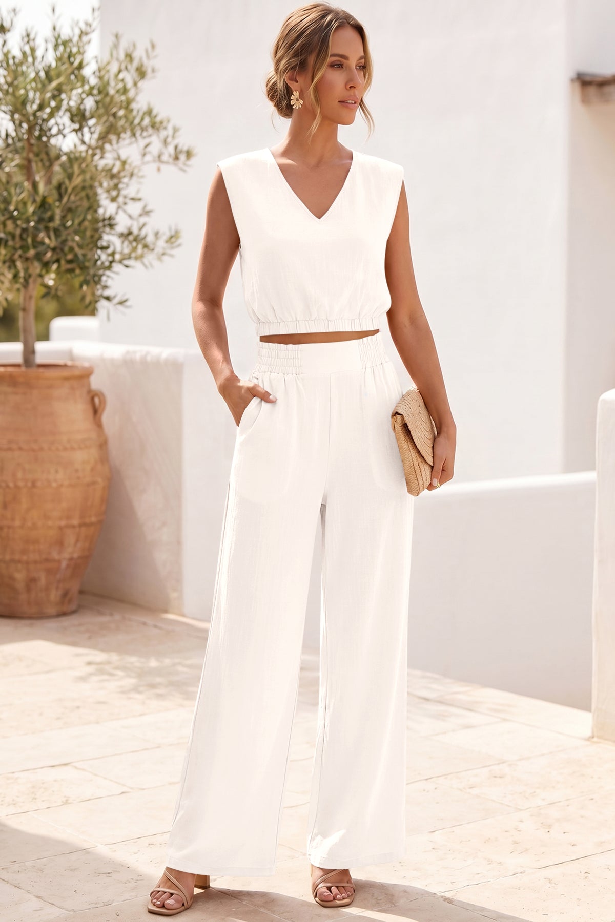 Fisoew Women's Beige Linen Lounge 2 Piece Outfits - Fisoew