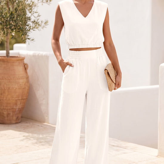 Fisoew Women's Beige Linen Lounge 2 Piece Outfits - Fisoew